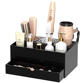 NIUBEE Hair Tool Organizer, Black Acrylic Hair Dryer and Styling Organizer with Drawer, Bathroom Countertop Blow Dryer Holder, Vanity Caddy Storage Stand for Accessories, Makeup, Toiletries