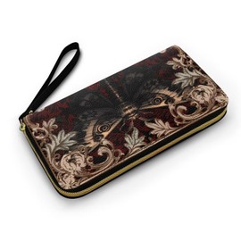Jolamirel Gothic Moth Slim Wallet for Women Retro Damask Floral Long Zipper Around Credit Card Holder, Red Large Capacity Leather Billfold Clutch Wallets