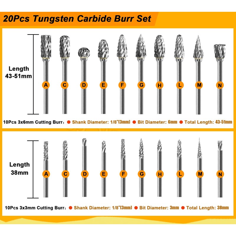 Tungsten Carbide Burr Set 1/8" Shank，Die Grinder Bits with Sanding