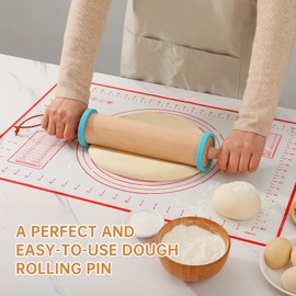 WitHlper 17.5" x 2.5"Handle Beechwood Rolling Pin for Baking Pizza,Pies,Cookies,Pastries,3 Thickness Rolling Pin Guide Ring Food Grade Silicone Strips,Silicone Mat (4)