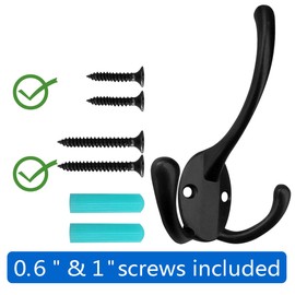 IBosins 6 Pack Big Heavy Duty Three Prongs Coat Hooks Wall Mounted with 24 Screws (Two Types of Screws Included) Retro Double Utility Rustic Hooks for Thick Coat, Big Heavy Bags (6 Pack)