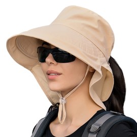 Women Sun Hats UV Protection Wide Brim Foldable Ponytail Hole Beach Hats with Neck Cover for Gardening (Beige)