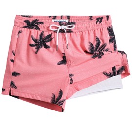 maamgic Mens Swim Trunks with Compression Liner Short Stretch Mens Bathing Suit Quick Dry Swimming Trunks Swimsuit Plamtree Pink Small