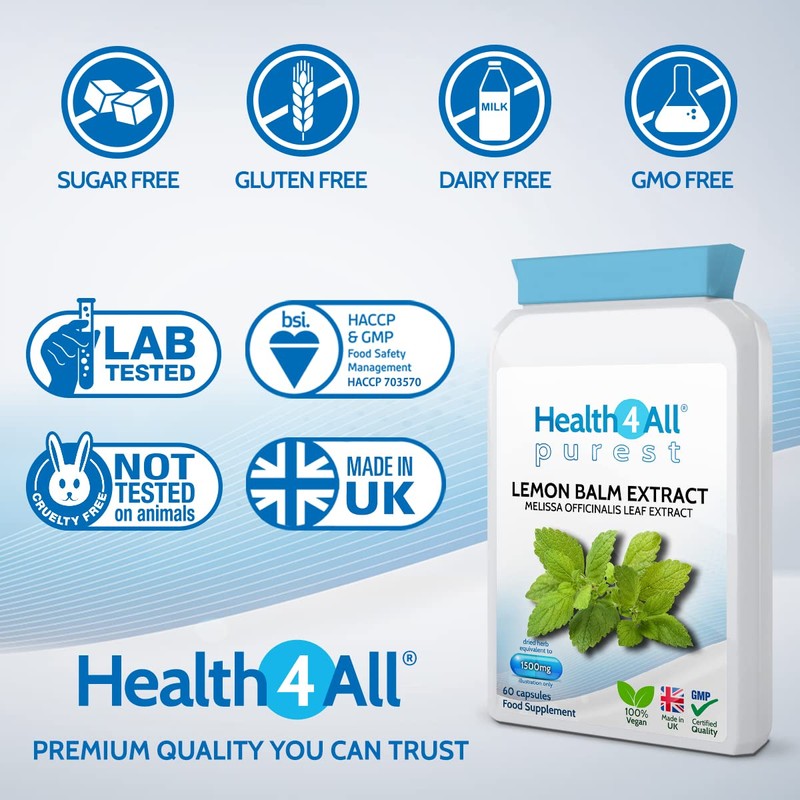 Health4All Lemon Balm Extract 1500mg 60 Capsules Purest: no additives,