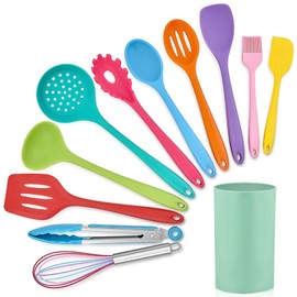 LIANYU 12-Piece Silicone Kitchen Cooking Utensils with Holder, Kitchen Tools Set Include Slotted Spatula Spoon Turner Ladle Tong Whisk, Dishwasher Safe, Multi Colored