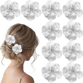 Decorative Flower Hair Clips, Silver Metallic Hawaiian Style, 10 Pack, Women's Hair Accessories