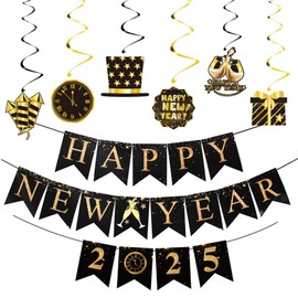 New Year's Eve Decoration 2025 Garland Banner, Happy New Year Garland Black Gold, New Year Decoration Hanging Swirls for New Year's Eve Decoration, New Year Decoration Garlands, New Year's Eve