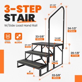 ECOTRIC Universal 3-Step Stair W/Side Load Hand Rail Compatible with RVs Travel Trailers Camper, Motorhomes Portable RV Entry Steps Outdoor Ladder Stairs Black Steel Powder Coated
