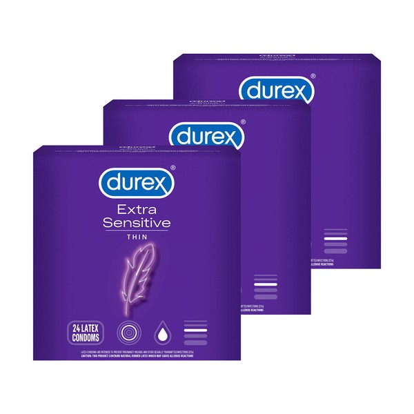 Durex Condom Extra Sensitive Natural Latex Condoms, Ultra Fine and Extra Lubricated, Regular Fit, FSA HSA Eligible, 24 Count (Pack of 3)