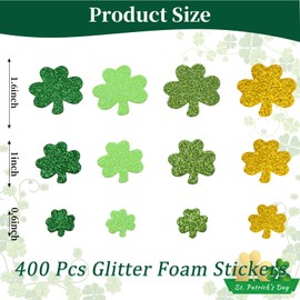Jhfinely 400 Pcs Shamrock Glitter Foam Stickers St. Patrick's Day Self Adhesive Clover Craft Stickers for Party Envelopes Card Kids DIY Craft Decoration