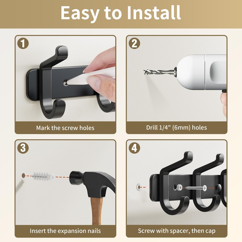 Coat Rack Wall Mounted Heavy-Duty: Metal Coat Hanger 6 Hooks
