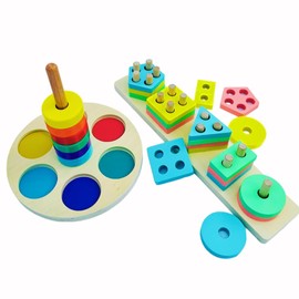 KBSMART Montessori Toys Wooden Stacking Blocks - Wooden Puzzles Preschool Toy Set for 1+ Year Old - Educational Toys Shape Sorters Learning Puzzles Birthday Gift for One Year Old Boy and Girls