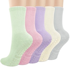 5 Pairs Pilates Socks with Grips Women Soft Cotton Non Slip Yoga Socks for Ballet Barre Dance Gym Fitness Workout Trampoline Hospital Home