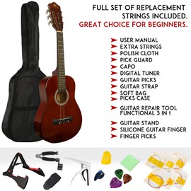 BESYOU 30in Beginner All Wood Classical Guitar Starter Kit with Gig Bag, Tuner, Capo, Cloth, Strap w/Pick Holder - Brwon…