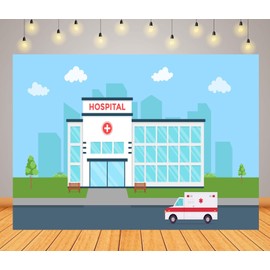 CORFOTO 6x4ft Fabric Cartoon Hospital Background Cartoon Ambulance Medical Kit Nurse Graduation Backdrop Nurses Themed Party Banner Nursing School Grad Party Supplies