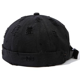 Gvatasz Black Beanie Brimless Hats for Men Distressed Retro Docker Hat Rolled Cuff Skullcap Sailor Cap Landlord Hat,Black