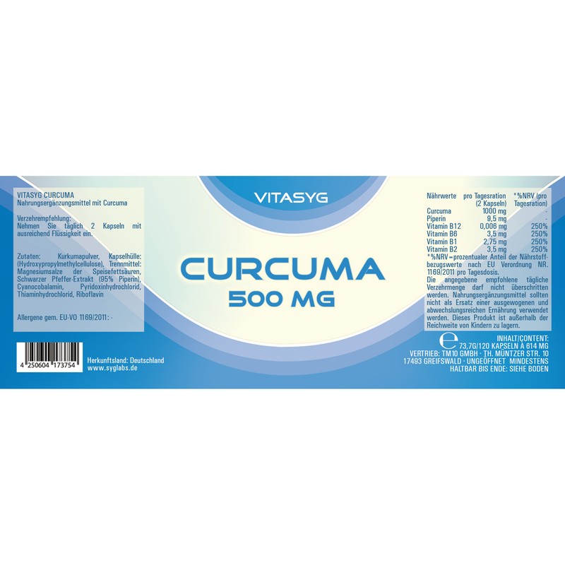 Vitasyg Turmeric 500 mg Plus Piperin – 120 Vegetarian Capsules