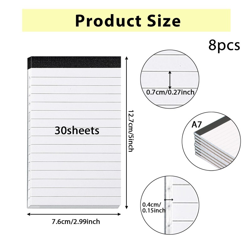 Pack of 8 Notepad A7 Writing Pad Lined Small, 30