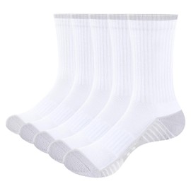 YUEDGE Ladies White Cotton Tube Everyday Work Casual Womens Socks For Women Size 9-11, Sweat Wicking Gym Tennis Training Athletic Cushioned Crew Socks, 5 Pairs