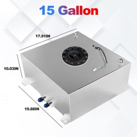 Dexepe Universal 15 Gallon 60L Fuel Cell Polished Aluminum Fuel Tank with Cap/Level Sender/12FT Oil Feed Line Silver