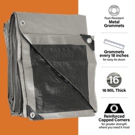 12x12 Ultra Heavy Duty Tarp, Extra Thick 16 Mil, UV Resistant, Grommets Every 18 Inches - Waterproof Plastic Poly Tarpaulin - (Reversible, Silver and Black) (12' x 12' Feet)