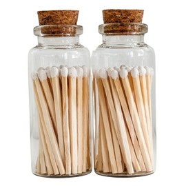 Fancy Safety Matches in 3" Glass Vial with Striker - Set of 2 Vials, 80 Wooden Matches Included, 2" Tall Decorative Matches, Glass Storage Vials with Strike Pad, White Matches (MV40x2)