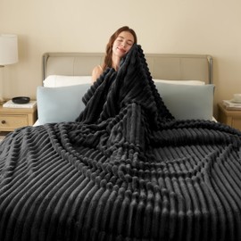 Joiedomi Queen Size Blanket for Bed, Soft Black Fleece Blankets Gifts for Women Mom Girls, 3D Ribbed Jacquard Cozy Cute Soft Throw Aesthetic Gifts 90x90 Inches