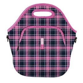 Sok It Lunch Tote Zippered Bag Insulated Neoprene Caddy (Berry Plaid, Large Neoprene Lunch Tote)