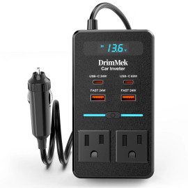 DrimMek 300W Car Power Inverter - Dual DC to AC Plug Adapter Outlets 65W USB-C Fast