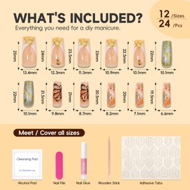 HOSAILY Autumn Gradient Press-on Nails with Gold Foil & Shimmer, Medium Length Glossy Fake Nails, Butterfly Pattern Press on Nails for Fall Winter Party, Reusable False Nails for Women (24 Pcs)