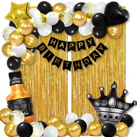 Black Gold Party Decoration Birthday Set, Black and Gold Balloons Birthday, Gold Black Happy Birthday Banner Garland Pompoms Tinsel Curtain for Men Women Birthday Decorations