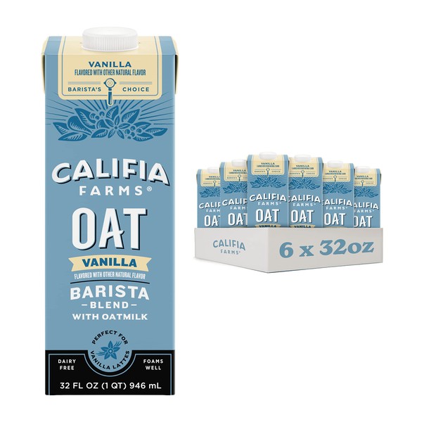 Califia Farms – Vanilla Oat Barista Blend Oat Milk, 32 Oz (Pack of 6), Shelf Stable, Dairy Free, Plant Based, Vegan, Gluten Free, Non GMO, Milk Frother, Creamer, Blue