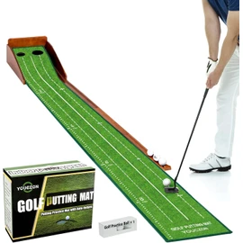 YOUCZON Putting Green Indoor, No Hump Golf Mat with Auto Ball Return - Easy to Fold Solid Wood Base, Luxurious Velvet Surface - Ideal for Home or Office and Golfers (Green Two Holes)