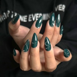 MouyouGlow Press on Nails Short, Almond Plain Cat Eye Dark Green Magnetic Wavy Fake Nails with Nail Glue, Dark Green Striped Phototherapy Artificial Fingernails