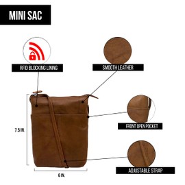 ili New York Leather Mini Sac Crossbody - Genuine Leather Crossbody Bag with RFID Blocking and Zipper Enclosed Pockets, Toffee, 6 x 7.5 x 1.25 in.