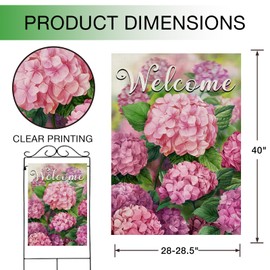 Hzppyz Welcome Spring Summer Hydrangea House Flag Double Sided, Pink Floral Flower Decorative Garden Yard Outdoor Large Decor, Seasonal Burlap Home Outside Decoration 28 x 40