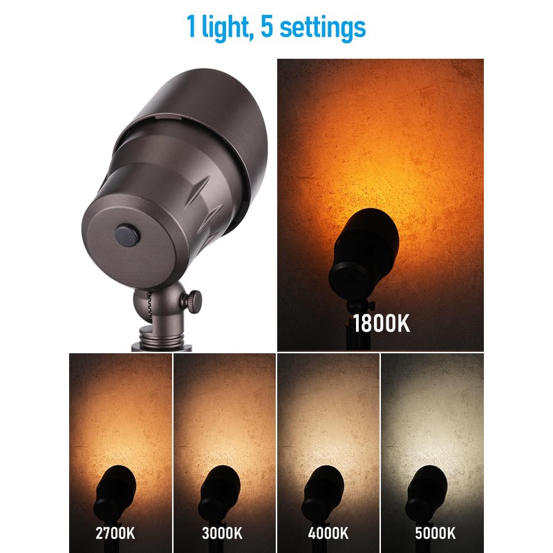 LEONLITE 5CCT Low Voltage LED Landscape Spotlight, Update 1800K2700K3000K4000K5000K Selectable,