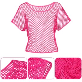GWAWG 90s Women's Outfit, Mesh Top, Pink, Flashdance Party Set with Mesh Shirt, Leg Warmer, Necklace, Retro Costume for 80s/90s Theme Parties