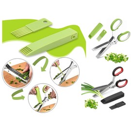 Hitopin 2 x stainless steel kitchen scissors, 5 blades herb scissors, vegetable scissors with cleaning comb, safety cover, herb stripper, 2 pieces kitchen finger guard, for chives, parsley