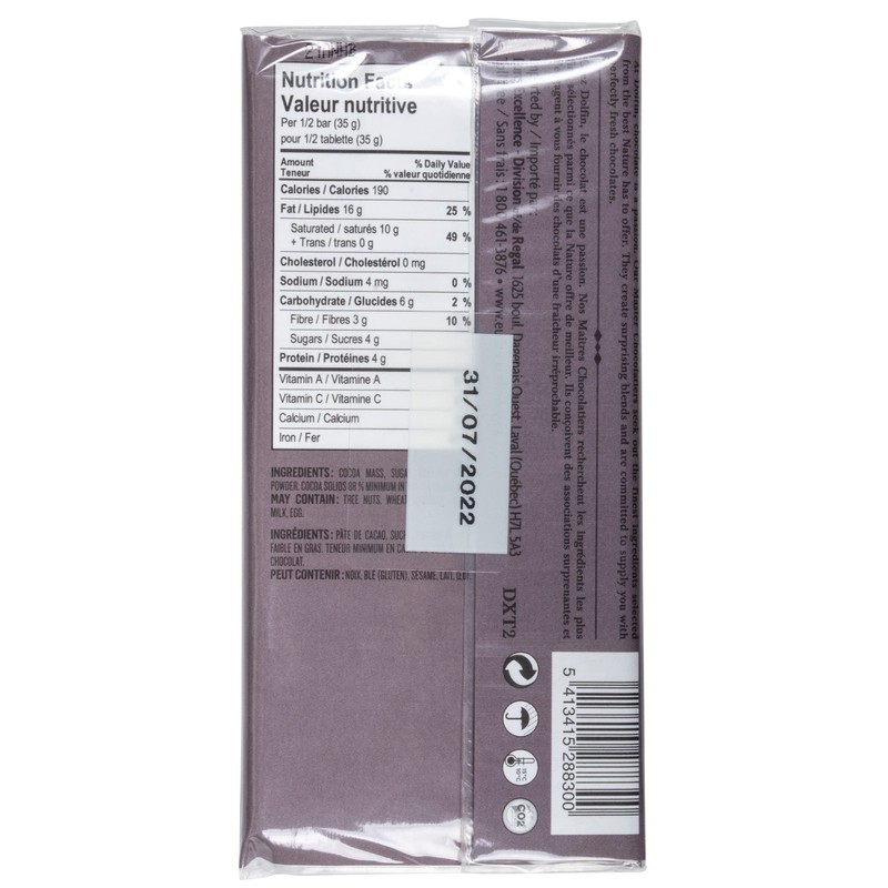 DOLPHIN CHOCOLATE Extra Dark Chocolate Bar, 2.47 OZ