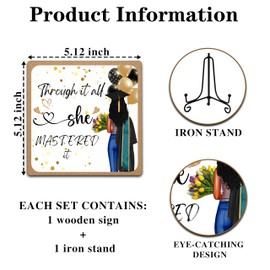 2025 Graduation Decorations, Graduation Gifts for Women, 5" x 5" She Mastered It Wood Plaque with Stand for Home Desk Decor, Senior Night Decorations - A13