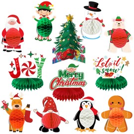 Liliful 12 Pcs Christmas Party Honeycomb Centerpieces Xmas Table Decorations Gingerbread Man Winter Holiday Center Pieces with Santa Claus Christmas Tree Snowman Gnome for Christmas Party Table Signs