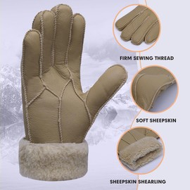Women Leather Gloves Shearling Sheepskin Fur Lined Women Winter Gloves,Beige,XL