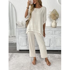 heipeiwa Women's Linen 2 Piece Outfits Rolled Sleeves Tops Wide Leg Trouser Pants Suits Summer Casual Dressy Linen Sets