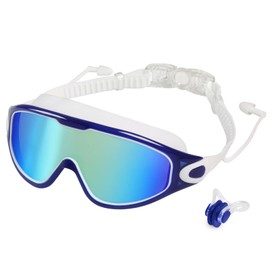 CJAYKMO Swim Goggles for Adults, Wide View Anti-Fog & UV with Nose Clip & Ear Plugs, No Leak for Women-Dark Blue