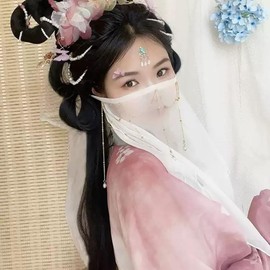 Women's Sheer Face Veil with Beaded Chains Belly Dancing Veil Mask Chinese Hanfu Costume Accessory (White)