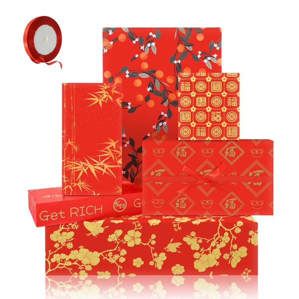 Chinese Lunar New Year Wrapping Paper with Red Ribbon,6 Sheets