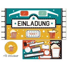 CardWheels 12 Invitation Cards Cinema + 13 Free Stickers - Girls Boys / Cinema Party Film Popcorn Party Bag Cards Birthday