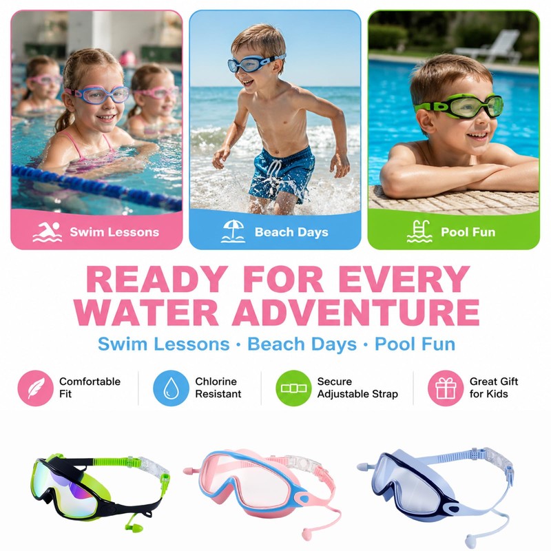 Cosblisvia 3 Pack kids swimming goggles, Wide goggles kids 6-14