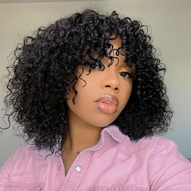 Short Curly Bob Wig Human Hair with Bangs, Wear and Go Glueless Curly Wigs for Black Women Machine Made None None Lace Front Wigs Natural Black Full Machine Wigs Can Be Permed & Dye 12 inch